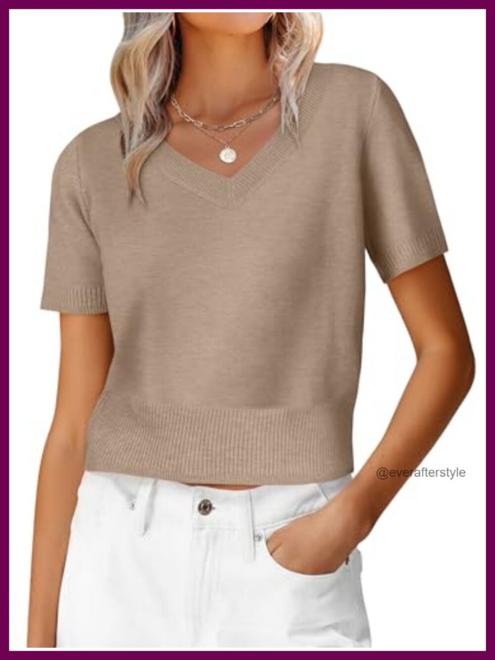 Womens Cropped V Neck Short Sleeve Ribbed Knit Sweater Pullover